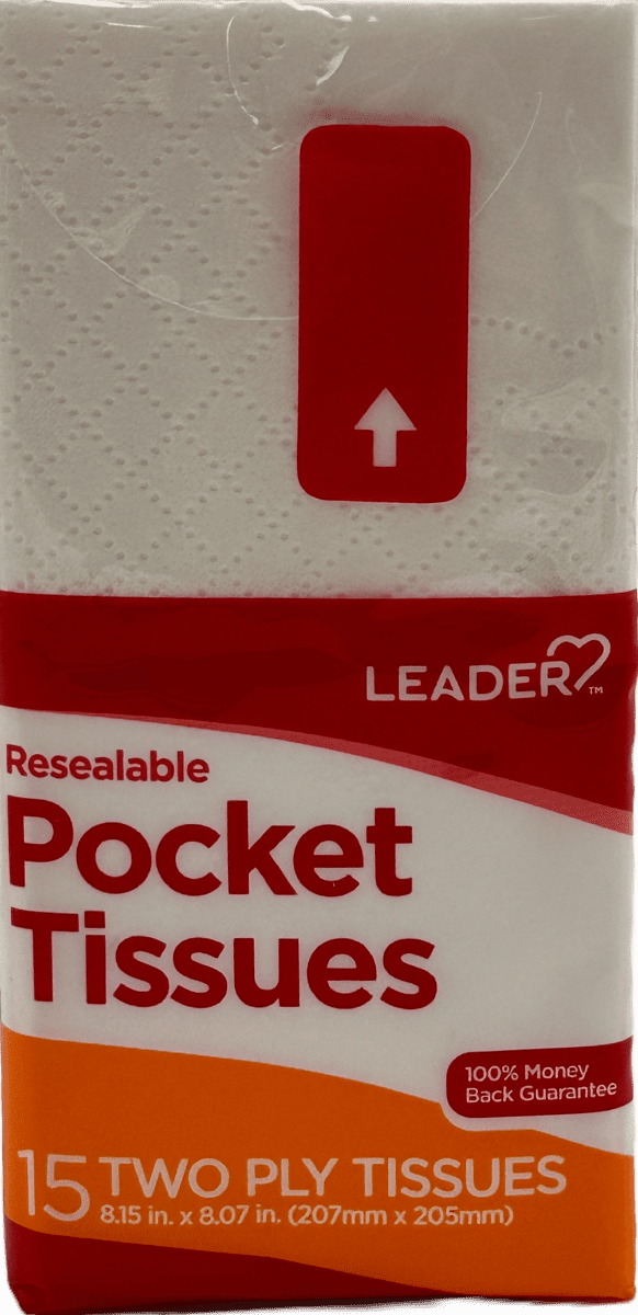 Leader Pocket Tissues: 15 Soft 2-Ply Sheets for On-the-Go Comfort